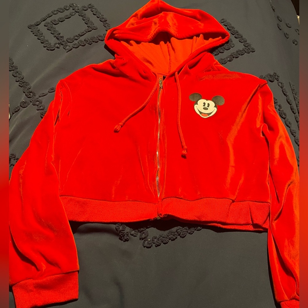 Red velour Mickey Mouse set. Hooded zip-up crop top & long pants. Very cute!